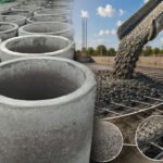 Ilustrasi perbandingan beton konvensional dan beton pracetak pada proyek konstruksi, menampilkan struktur beton cor di tempat dan elemen beton pracetak dengan tampilan modern, rapi, dan profesional.