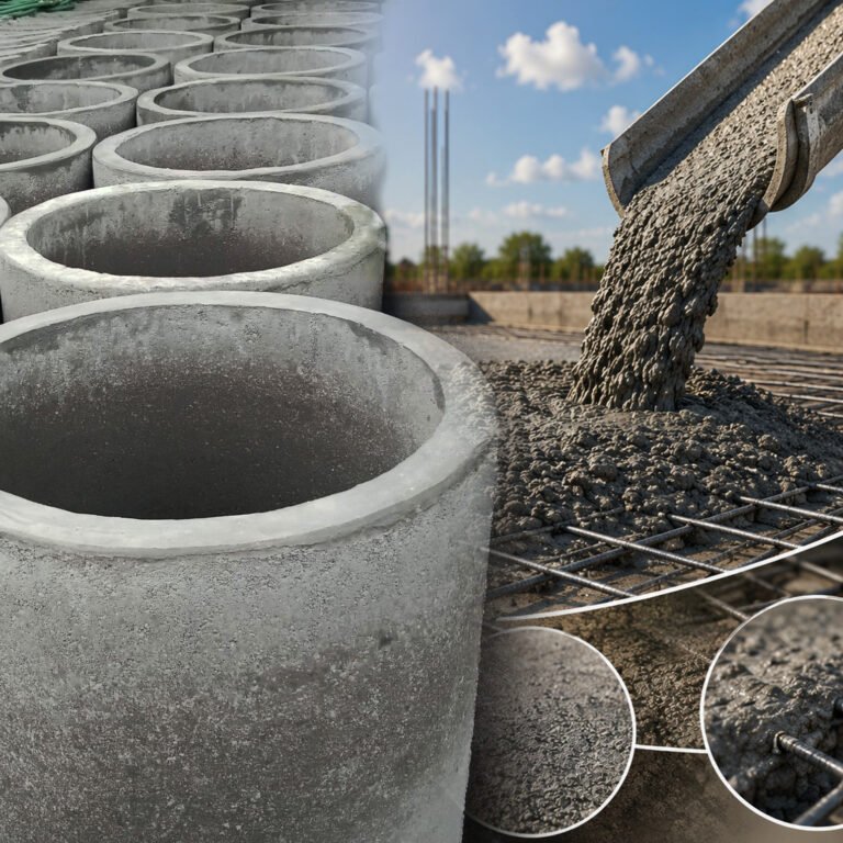 Ilustrasi perbandingan beton konvensional dan beton pracetak pada proyek konstruksi, menampilkan struktur beton cor di tempat dan elemen beton pracetak dengan tampilan modern, rapi, dan profesional.