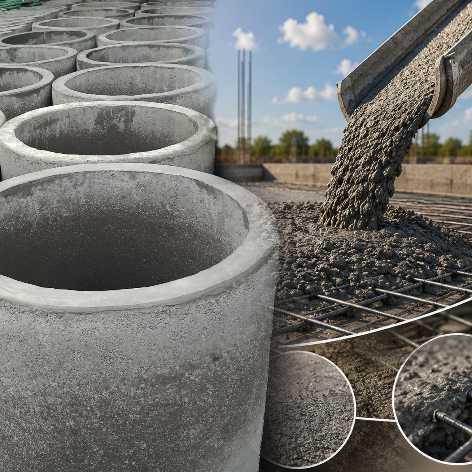 Ilustrasi perbandingan beton konvensional dan beton pracetak pada proyek konstruksi, menampilkan struktur beton cor di tempat dan elemen beton pracetak dengan tampilan modern, rapi, dan profesional.
