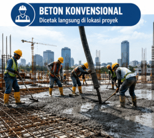 Gambar beton konvensional pada proyek konstruksi dengan proses pengecoran langsung di lokasi menggunakan bekisting dan material beton, menampilkan suasana pembangunan yang kokoh dan profesional.