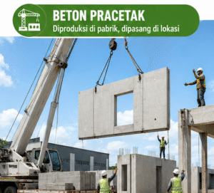 Gambar beton pracetak dengan elemen beton siap pasang yang diproduksi di pabrik, menampilkan material konstruksi modern, kuat, rapi, dan efisien untuk berbagai proyek pembangunan.