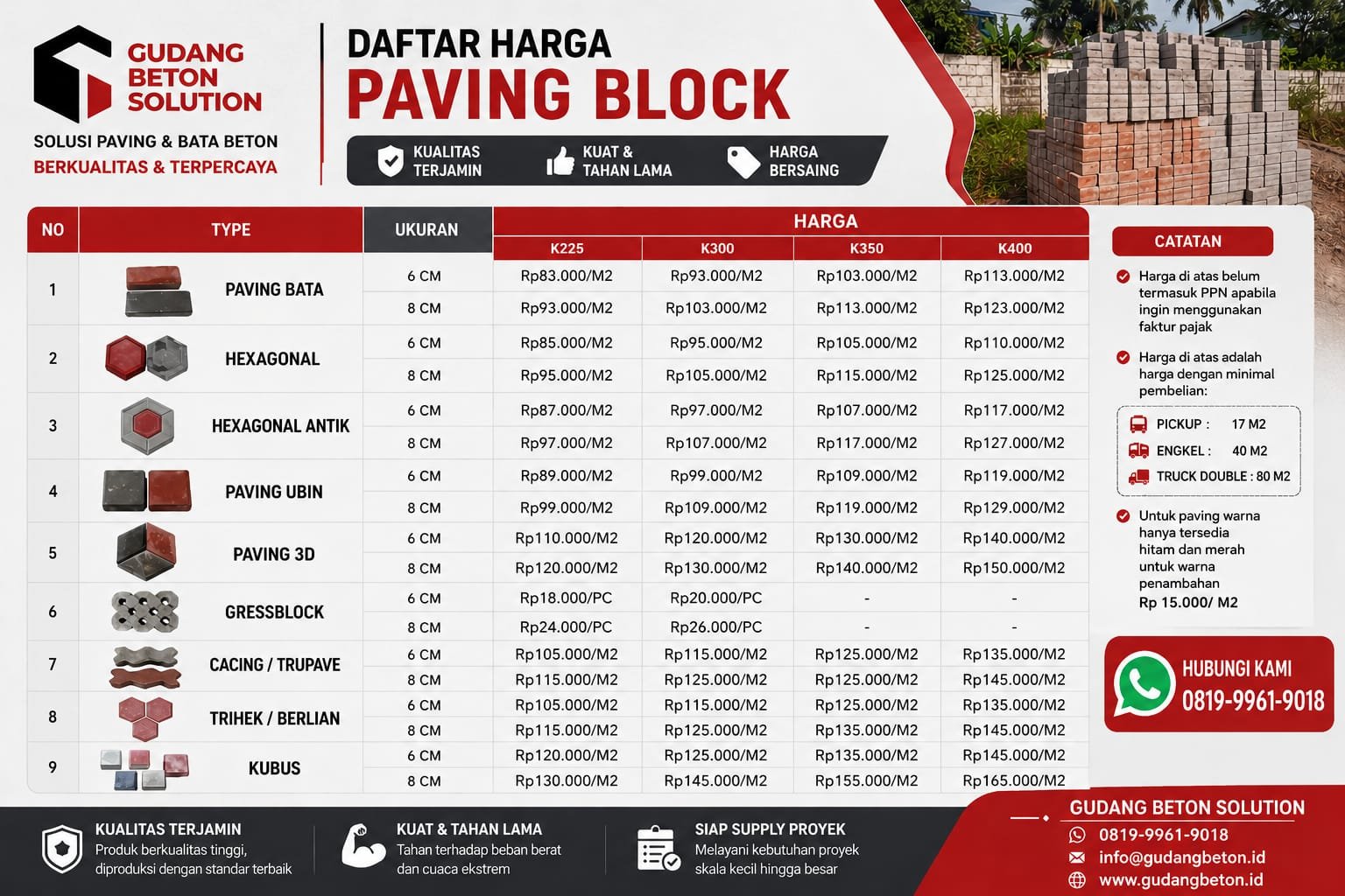 Harga paving block Bandung terbaru dengan kualitas terbaik untuk berbagai proyek.